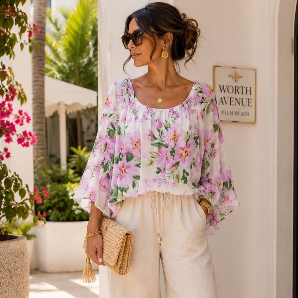 CeCe Womens XL Floral Bell Sleeve Blouse Purple Pink White Scoop Neck Top